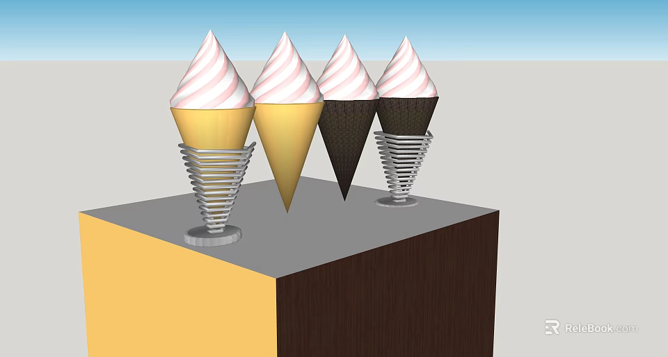 Colorful Ice Cream Cones Golden Black Waffle Cups Pink White Striped Scoops On Display Stand 3d model 