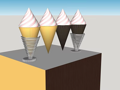 Colorful Ice Cream Cones Golden Black Waffle Cups Pink White Striped Scoops On Display Stand 3d model