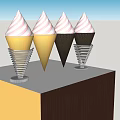 Colorful Ice Cream Cones Golden Black Waffle Cups Pink White Striped Scoops On Display Stand