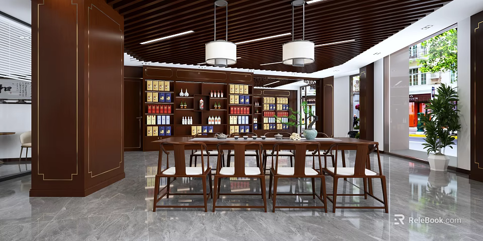 Tobacco and Liquor Store Interior With Wooden Shelves Displayed Wines and Tobacco Products 3d model 