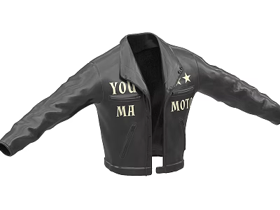 Black Leather Jacket With Gold Letters Star Design Open Front Extended Sleeves 3d model