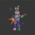 Blue Rabbit Robot Playing Orange Electric Guitar With Floating Musical Notes 3d model