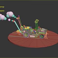 Green Toy Car With Orange Details BOOM Lettering White Smoke And Red Circular Platform