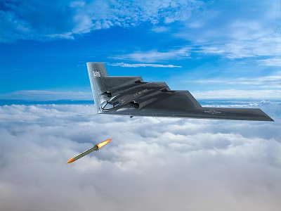 Stealth Fighter Jet Flying Above Clouds Launching Missile in Blue Sky 3d model