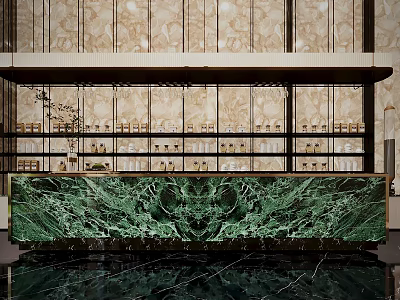Elegant Hotel Public Lounge With Green Marble Countertop And Decorative Wooden Shelves Design 3d model