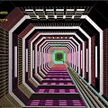 Cartoon Style Futuristic Tunnel Scene With Circular Structures Metal Grilles And Bright Light Source