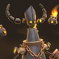 Mechanical Horned Character And Steampunk Creature With Glowing Eyes Holding Torch And Lanterns