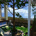 Serene Garden Landscape With Pergola Purple Flowers Large Tree Wooden Deck And Green Plants