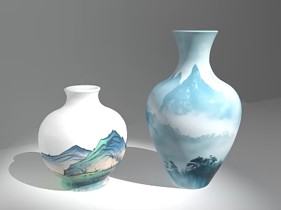 Artistic Ceramic Vases With White Base And Blue Green Mountain Landscape Design 3d model