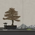 Artistic Bonsai Tree with Stone Lantern and Rockery Stones in Zen Style Garden Setting