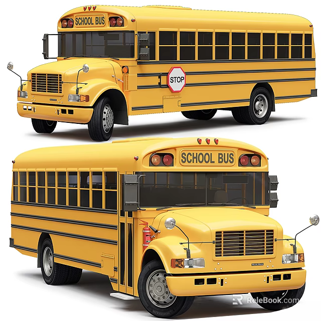 Yellow School Bus Exterior Design With Stop Sign And Side Windows 3d model 