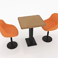 Group Of People Sitting At Square Wooden Table With Orange Chairs And Black Legs