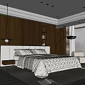 Modern Bedroom Interior With Upholstered Headboard Quilt Pillows Pendant Light And Dark Wooden Walls