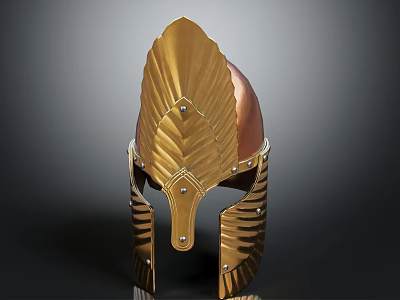 Ornate Golden Helmet with Feather Shaped Crest and Polished Metallic Finish 3d model