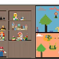 Colorful Kids Room Wall Decorated With Building Blocks And Cartoon Patterns Near Toy Shelves