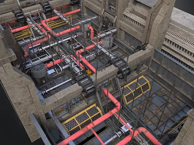 Industrial Facility Interior with Red Pipes Metal Structures and Yellow Grilles 3d model