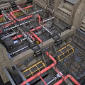Industrial Facility Interior with Red Pipes Metal Structures and Yellow Grilles