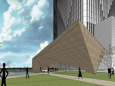 Modern Residential Building With Unique Geometric Design And Green Lawn Pedestrian Area 3d model