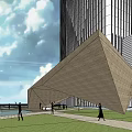 Modern Residential Building With Unique Geometric Design And Green Lawn Pedestrian Area