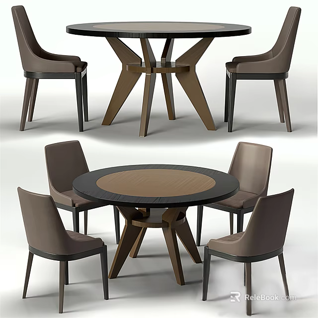 Modern Round Dining Table Set With Wooden Base And Upholstered Chairs 3d model
