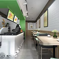 Green Fast Food Restaurant Interior With Counter Display Shelves And Tables