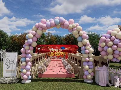 Outdoor Floral Art Decoration With Pink White Light Blue Balloon Arch And Red Carpet Aisle 3d model