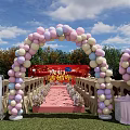 Outdoor Floral Art Decoration With Pink White Light Blue Balloon Arch And Red Carpet Aisle