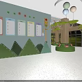 Modern Kindergarten Hall With Green Sofas Tree Shaped Decorations Large Windows And Bright Space 3d model