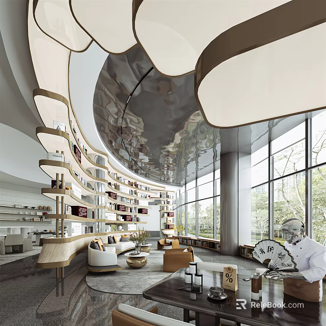 Modern Hotel Public Lounge Interior Design With Curved Bookshelves Large Windows and Comfortable Sofas 3d model 