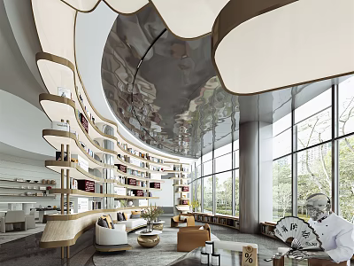 Modern Hotel Public Lounge Interior Design With Curved Bookshelves Large Windows and Comfortable Sofas 3d model
