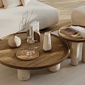 Modern Round Coffee Tables with Wooden Top Stone Legs Tray and Vases