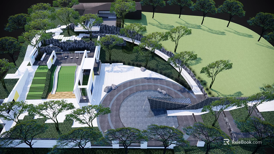 Garden Landscape Design With Circular Plaza Winding Pathways Trees Lawn And Modern Structures 3d model 