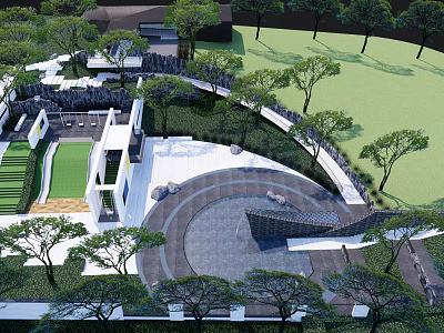 Garden Landscape Design With Circular Plaza Winding Pathways Trees Lawn And Modern Structures 3d model