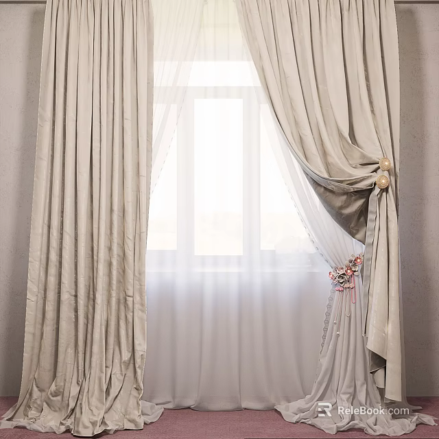 Beige Curtain With Sheer Layer Hanging By Window And Decorative Knot 3d model