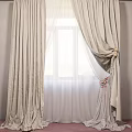 Beige Curtain With Sheer Layer Hanging By Window And Decorative Knot 3d model