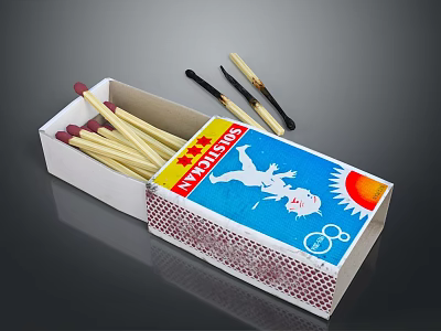 Open Household Essential Safety Matchbox With Colorful Sun Figure Illustration And Wooden Matches 3d model