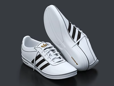 White Casual Sports Shoes with Black Stripes Lace Up Design and Golden Logo 3d model