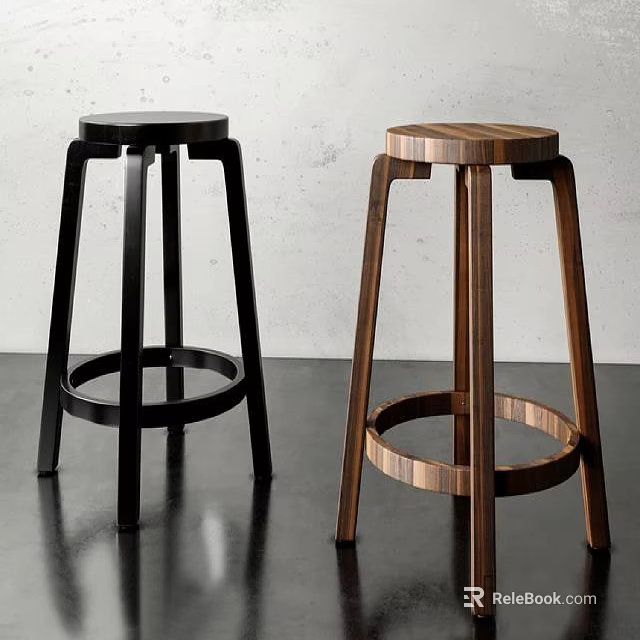 Modern Black And Wooden Bar Stools With Round Seats And Circular Footrests For Contemporary Kitchen 3d model 