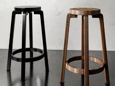 Modern Black And Wooden Bar Stools With Round Seats And Circular Footrests For Contemporary Kitchen 3d model