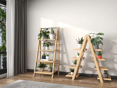 Bonsai Potted Plants On Wooden Ladder Shelves In Indoor Home Decor Space 3d model