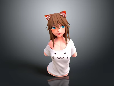 Anime Game Character With Cat Ears Brown Hair Blue Eyes Wearing White Cat Design Shirt 3d model