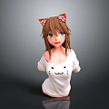 Anime Game Character With Cat Ears Brown Hair Blue Eyes Wearing White Cat Design Shirt