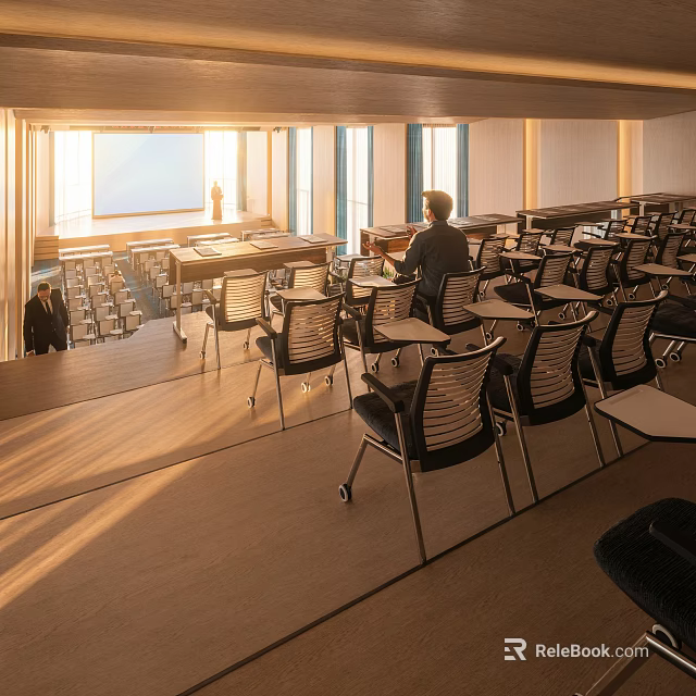 Modern Conference Room Interior With Spacious Layout Tables Chairs And Projection Screen 3d model 