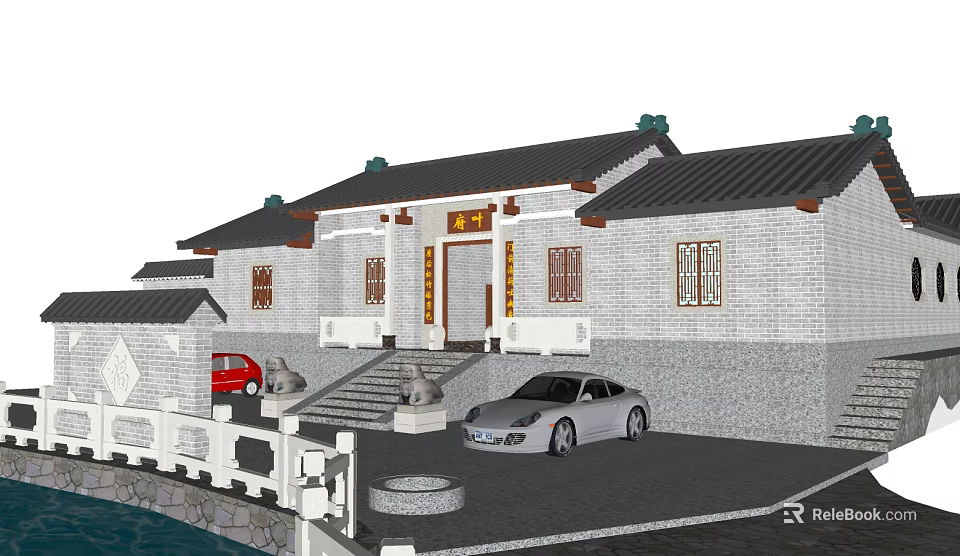 Ancient Chinese Traditional Architecture with Stone Lions Steps White Walls and Gray Rooftop 3d model 