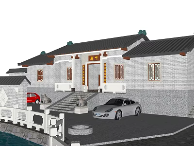 Ancient Chinese Traditional Architecture with Stone Lions Steps White Walls and Gray Rooftop 3d model