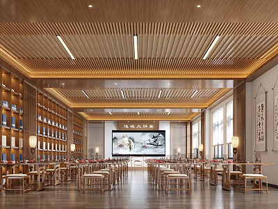 School Library Reading Room With Wooden Bookshelves Long Tables And Large Screen 3d model