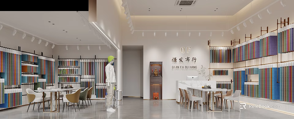 Modern Apparel Store Showroom With White Clothed Model Wooden Bookshelves Tables Chairs And Lighting 3d model 