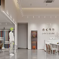 Modern Apparel Store Showroom With White Clothed Model Wooden Bookshelves Tables Chairs And Lighting