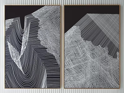 Abstract Black And White Wall Art With Geometric Lines And Golden Frames 3d model