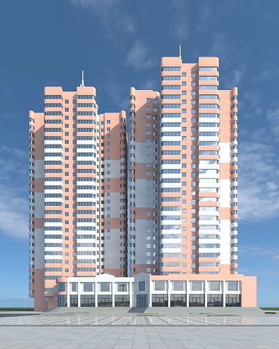 Tall Residential Buildings With Pink And White Facade And Numerous Windows Against Blue Sky 3d model